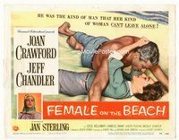 2v428 FEMALE ON THE BEACH TC '55 sexy art of Joan Crawford and Jeff Chandler kissing on beach!