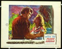 2v091 FLAME & THE ARROW LC #3 '50 great close portrait of Burt Lancaster holding Virginia Mayo!