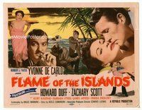 2v433 FLAME OF THE ISLANDS title lobby card '55 Yvonne De Carlo kissing Howard Duff & in sexy dress!