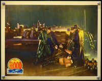 2v092 FLOOD movie lobby card '31 men in raincoats by sandbags trying to stop the floor!
