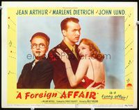 2v095 FOREIGN AFFAIR LC #3 '48 Jean Arthur in glasses, pretty Marlene Dietrich hugs John Lund!