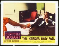 2v121 HARDER THEY FALL lobby card '56 Humphrey Bogart on phone in bed putting show on pretty lady!