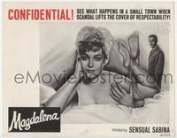 2v572 MAGDALENA title lobby card '60 most innocent Sensual Sabina lies naked in bed and is watched!