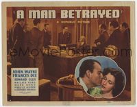2v576 MAN BETRAYED movie title lobby card '41 John Wayne nuzzles pretty Frances Dee's cheek!