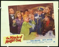 2v178 MIRACLE OF MORGAN'S CREEK lobby card #7 '43 Betty Hutton grabs Eddie Bracken, Preston Sturges