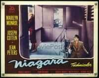 2v190 NIAGARA lobby card #8 '53 Joseph Cotten walking up staris to confront sexy Marilyn Monroe!