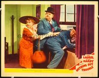 2v198 NOTHING BUT TROUBLE lobby card #3 '45 Stan Laurel & Oliver Hardy escaping through window!