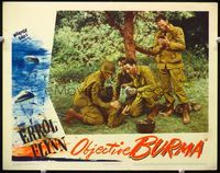 2v200 OBJECTIVE BURMA lobby card '45 Errol Flynn helping wounded soldier by giving him a canteen!