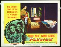 2v214 PASSION lobby card #1 '54 Cornel Wilde sneaks up on pretty Yvonne De Carlo sleeping in bed!