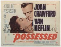 2v629 POSSESSED movie title lobby card '47 great romantic close image of Joan Crawford & Van Heflin!