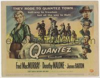 2v638 QUANTEZ title lobby card '57 artwork of Fred MacMurray & sexy Dorothy Malone with torn shirt!