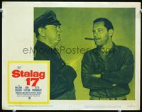 2v250 STALAG 17 lobby card #2 R59 c/u of William Holden & Sig Ruman, Billy Wilder WWII POW classic!