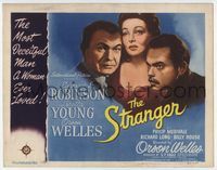 2v712 STRANGER title lobby card '46 artwork of Orson Welles, Edward G. Robinson & Loretta Young!