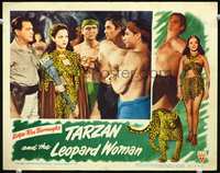 2v268 TARZAN & THE LEOPARD WOMAN movie lobby card '46 barechested Johnny Weissmuller & young woman!