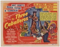 2v735 THREE CABALLEROS title lobby card '44 great artwork of Donald Duck, Panchito & Joe Carioca!