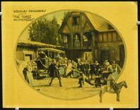 2v277 THREE MUSKETEERS lobby card '21 Douglas Fairbanks as D'Artagnan in swordfight in town square!
