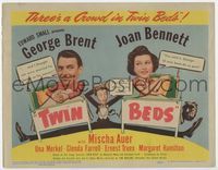 2v751 TWIN BEDS title lobby card '42 wacky artwork of George Brent, Joan Bennett & Mischa Auer!