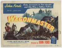 2v766 WAGON MASTER movie title lobby card '50 John Ford, Ben Johnson, cool artwork of wagon train!
