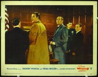 2v296 WRONG MAN movie lobby card #4 '57 Henry Fonda in courtroom looks concerned, Alfred Hitchcock