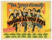 2v797 YOUNG AS YOU FEEL movie title lobby card '40 wacky artwork of The Jones Family arm-in-arm!