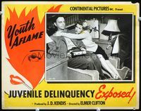2v299 YOUTH AFLAME lobby card '45 sexy young bad girl tries to lead young man with book astray!