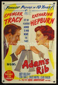 2w231 ADAM'S RIB Aust one-sheet '49 Spencer Tracy & Katharine Hepburn are fighting over the pants!