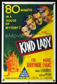 2w361 KIND LADY Aust one-sheet '51 John Sturges, Ethel Barrymore, Maurice Evans, Angela Lansbury