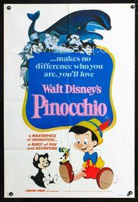 2w414 PINOCCHIO Aust movie one-sheet poster R82 Walt Disney classic cartoon, great cartoon art!