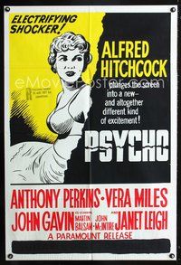 2w421 PSYCHO Aust one-sheet R60s different art of Janet Leigh in bra, Alfred Hitchcock, Perkins!