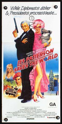 2w685 LES PATTERSON SAVES THE WORLD Aust daybill '87 wacky artwork of Barry Humphries in dual roles