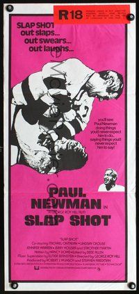 2w864 SLAP SHOT Australian daybill movie poster '77 Paul Newman, hockey players brawling!