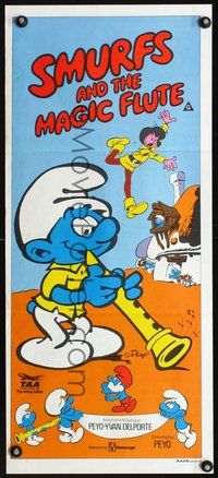 2w869 SMURFS & THE MAGIC FLUTE Aust daybill '83 great image of Smurf w/flute, feature cartoon!
