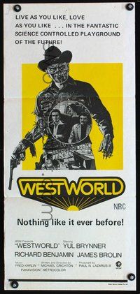 2w947 WESTWORLD Australian daybill movie poster R70s cool artwork of cyborg cowboy Yul Brynner