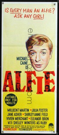 2w515 ALFIE Australian daybill poster '66 British cad Michael Caine loves them and leaves them!