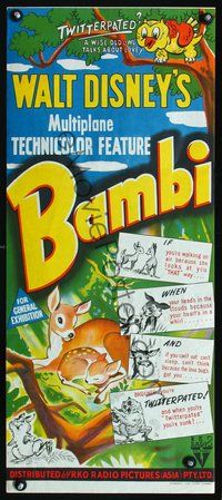 2w525 BAMBI Australian daybill '42 Walt Disney cartoon deer classic, great image of forest animals!