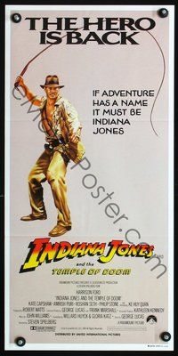 2w653 INDIANA JONES & THE TEMPLE OF DOOM Hero is Back style Aust daybill '84 full-length art of Harrison Ford w/whip!