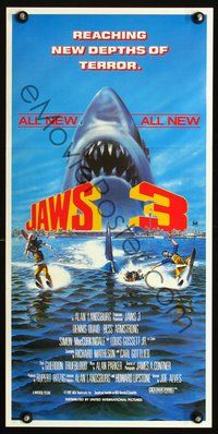 2w662 JAWS 3-D 2D Aust daybill '83 great Gary Meyer shark artwork, the third dimension is terror!
