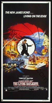 2w697 LIVING DAYLIGHTS gun barrel style Aust daybill '86 cool unique art of Timothy Dalton as Bond!