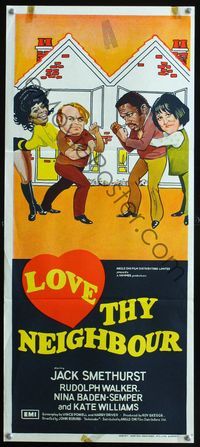 2w710 LOVE THY NEIGHBOUR Australian daybill movie poster '73 inter-racial comedy, wacky artwork!
