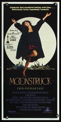 2w744 MOONSTRUCK Aust daybill '87 great image of Cher in front of city, Nicholas Cage, Dukakis