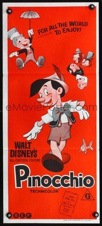 2w796 PINOCCHIO Aust daybill R70s Disney classic cartoon about a wooden boy who wants to be real!