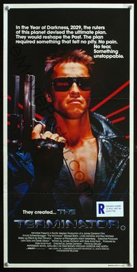 2w909 TERMINATOR Aust daybill '84 super close up of most classic cyborg Arnold Schwarzenegger w/gun