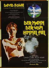 2w125 MAN WHO FELL TO EARTH photo style German movie poster '76 shirtless David Bowie w/gun!