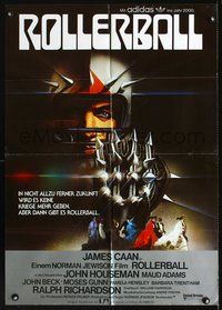 2w179 ROLLERBALL German poster '75 James Caan in a future where war does not exist, Bob Peak art!