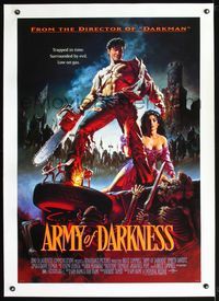 2x035 ARMY OF DARKNESS linen 1sh '93 Sam Raimi, great artwork of Bruce Campbell with chainsaw hand!