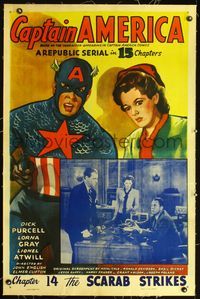 2x059 CAPTAIN AMERICA linen Ch14 one-sheet '44 wonderful art of Marvel Comic superhero pointing gun!