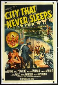 2x067 CITY THAT NEVER SLEEPS linen 1sheet '53 great art of gunfight under elevated train in Chicago!
