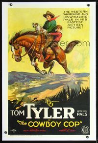 2x009 COWBOY COP linen style B 1sh '26 stone litho art of Tom Tyler on horse w/Frankie Darro & dog!