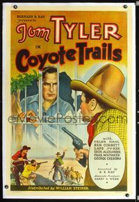 2x084 COYOTE TRAILS linen 1sheet '35 cool stone litho art of Tom Tyler held at gunpoint by bad guy!