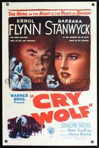 2x088 CRY WOLF linen one-sheet movie poster '47 cool close image of Errol Flynn & Barbara Stanwyck!